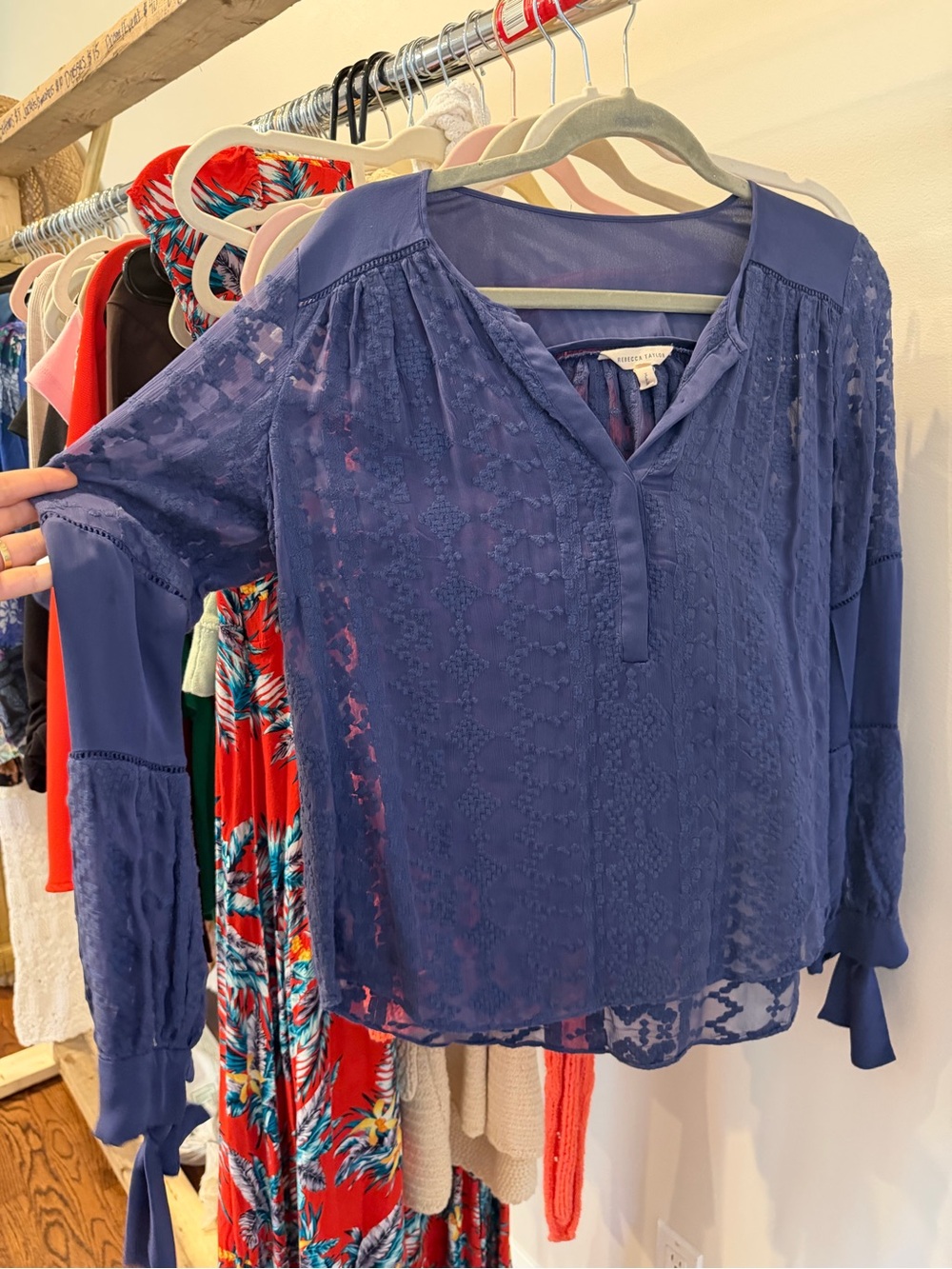 Rebecca Taylor Indigo Blue Lace-Textured V-Neck Blouse
